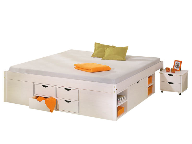 Funktionsbett TILL - weiß - Massivholz - 180x200 cm