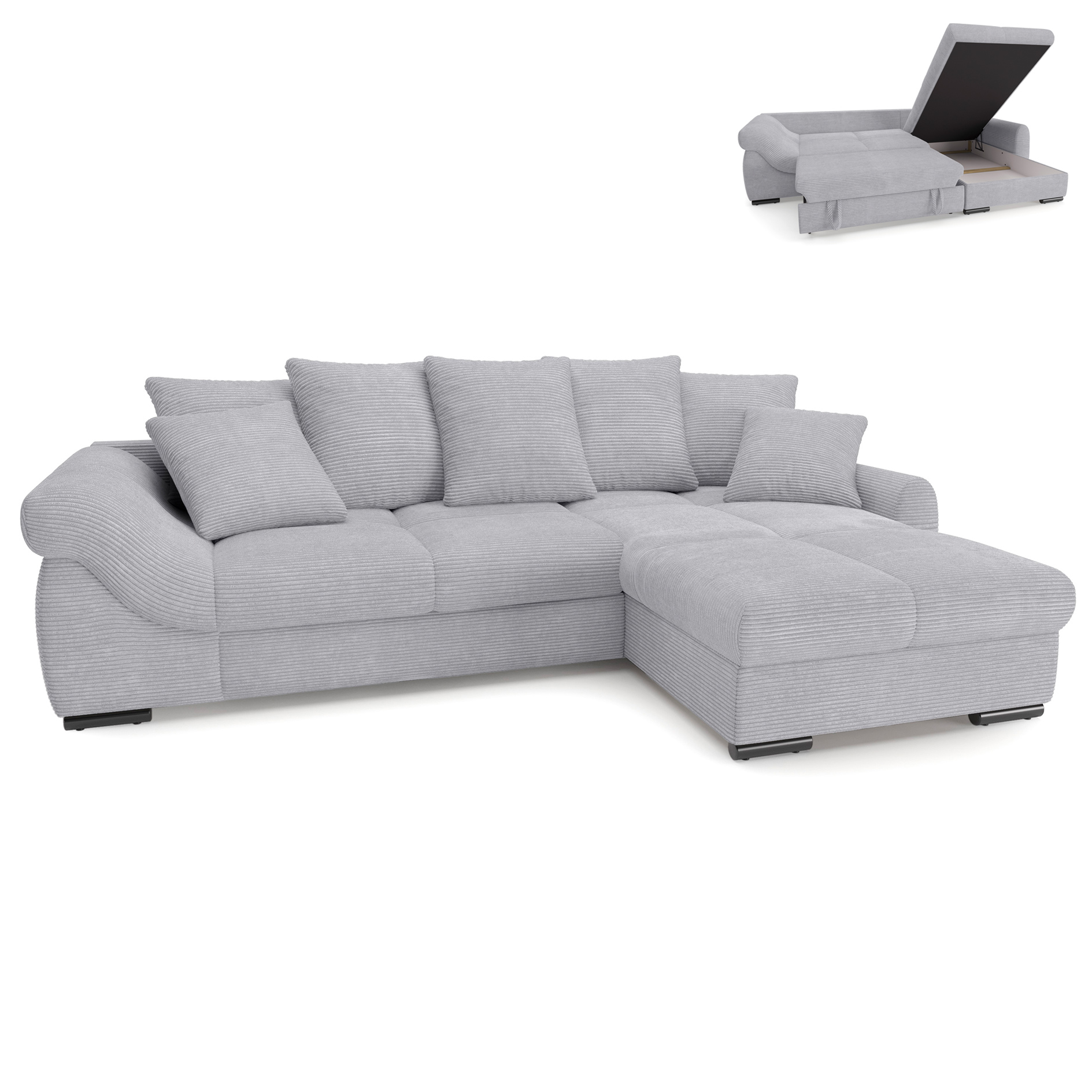Funktionsecke - warm grey - Cord - Liegefunktion und XL-Staukasten