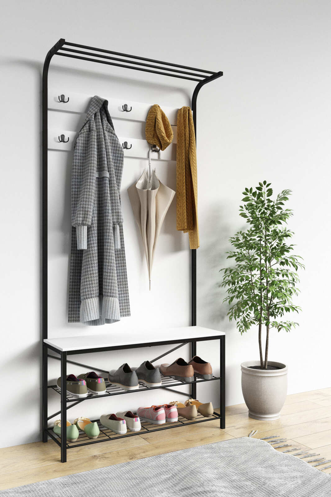 Garderobe TALIRO - schwarz - weiß - 10 Kleiderhaken - 190 cm hoch