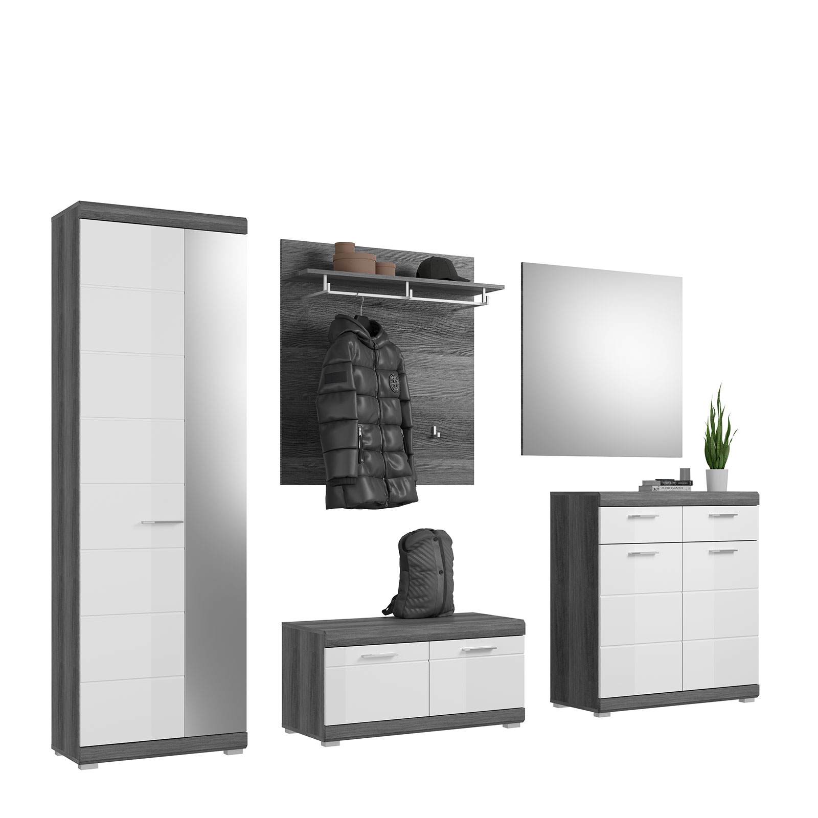 Garderobenbank - Rauchsilber - weiß Hochglanz - 90 cm