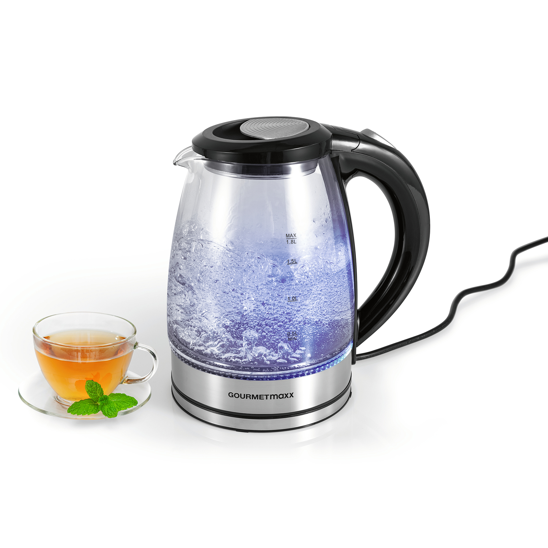 GOURMETMAXX  Glas-Wasserkocher - schwarz-silber - 1,8 Liter