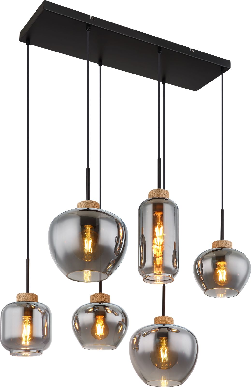Hängeleuchte - schwarz-holzfarben-rauchfarben - 120 cm - 6-flammig
