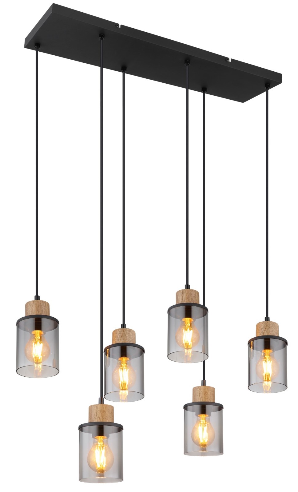 Hängeleuchte - schwarz-holzfarben-rauchfarben - 62 cm - 6-flammig