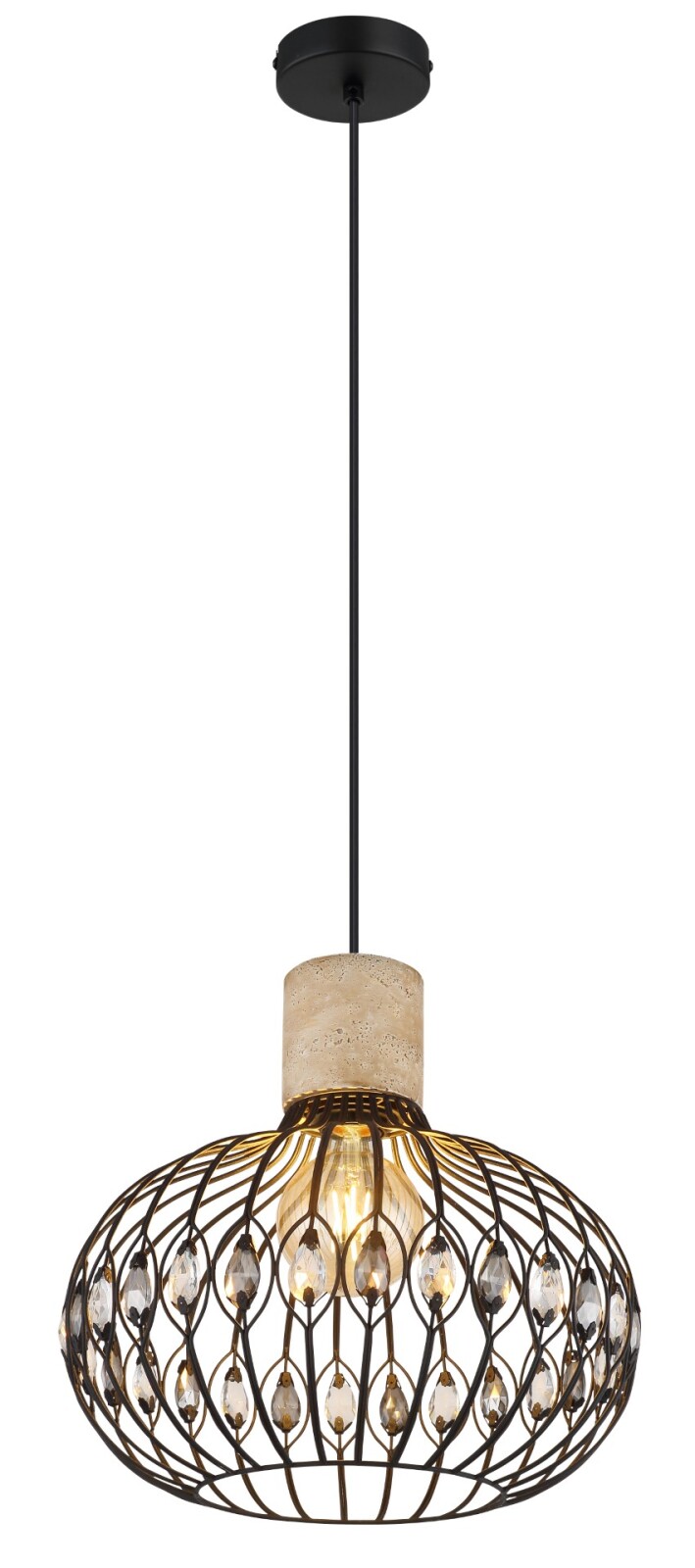 Hängeleuchte - schwarz matt - Travertine-Stein grau - kürzbar - Ø 38 cm