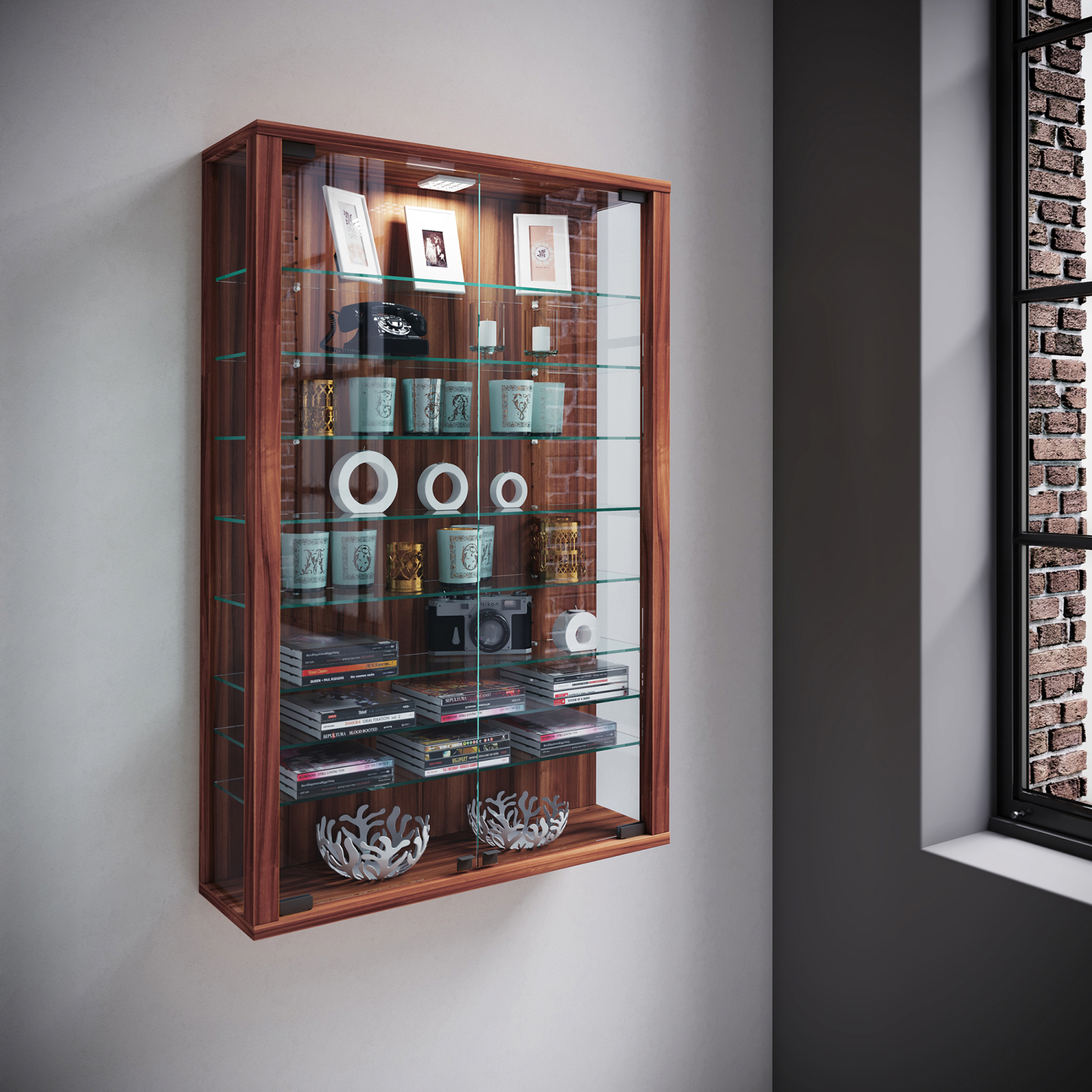 Hängevitrine VITROSA MINI - Kern-Nussbaum - mit LED-Beleuchtung