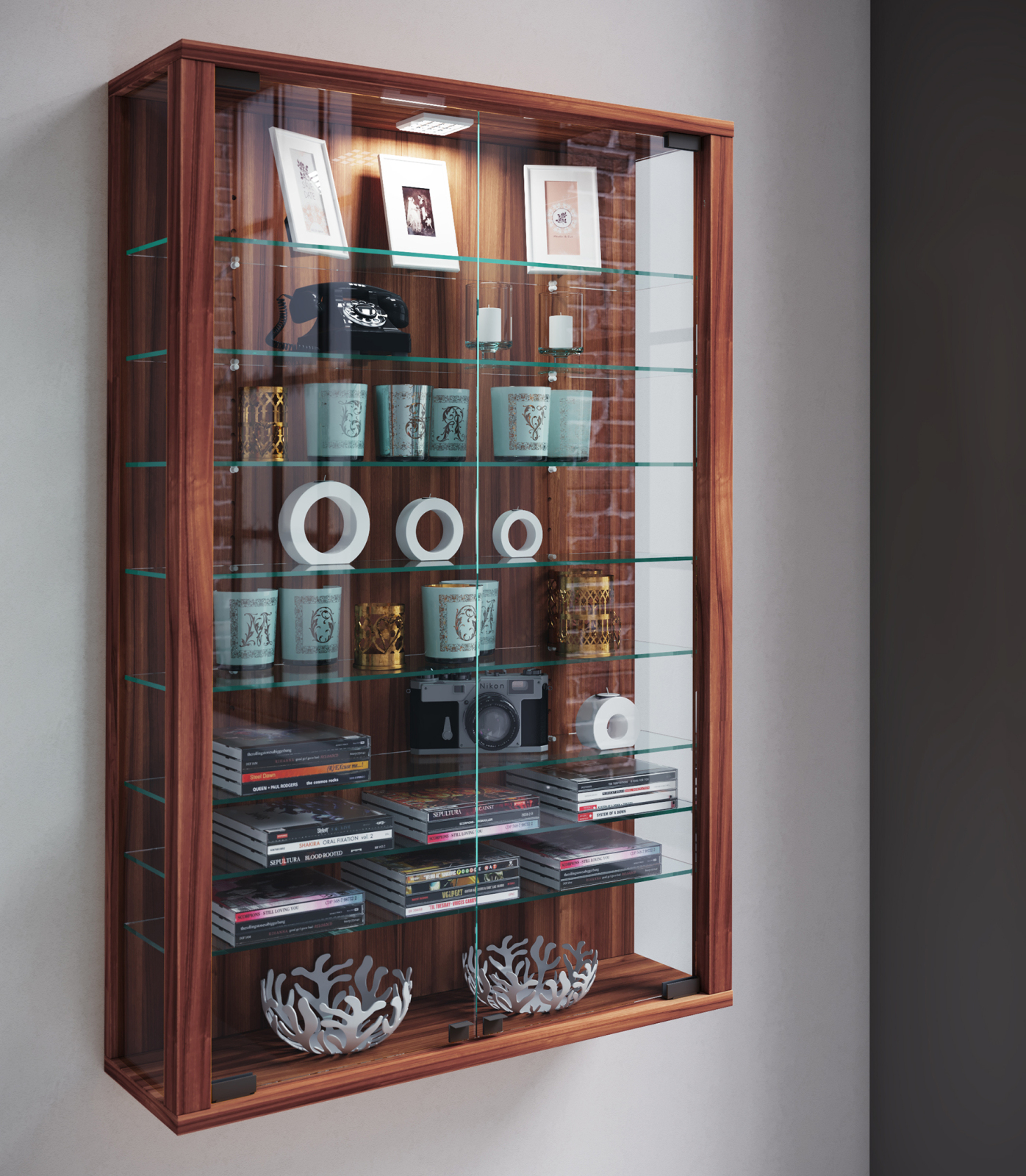 Hängevitrine VITROSA MINI - Kern-Nussbaum - mit LED-Beleuchtung