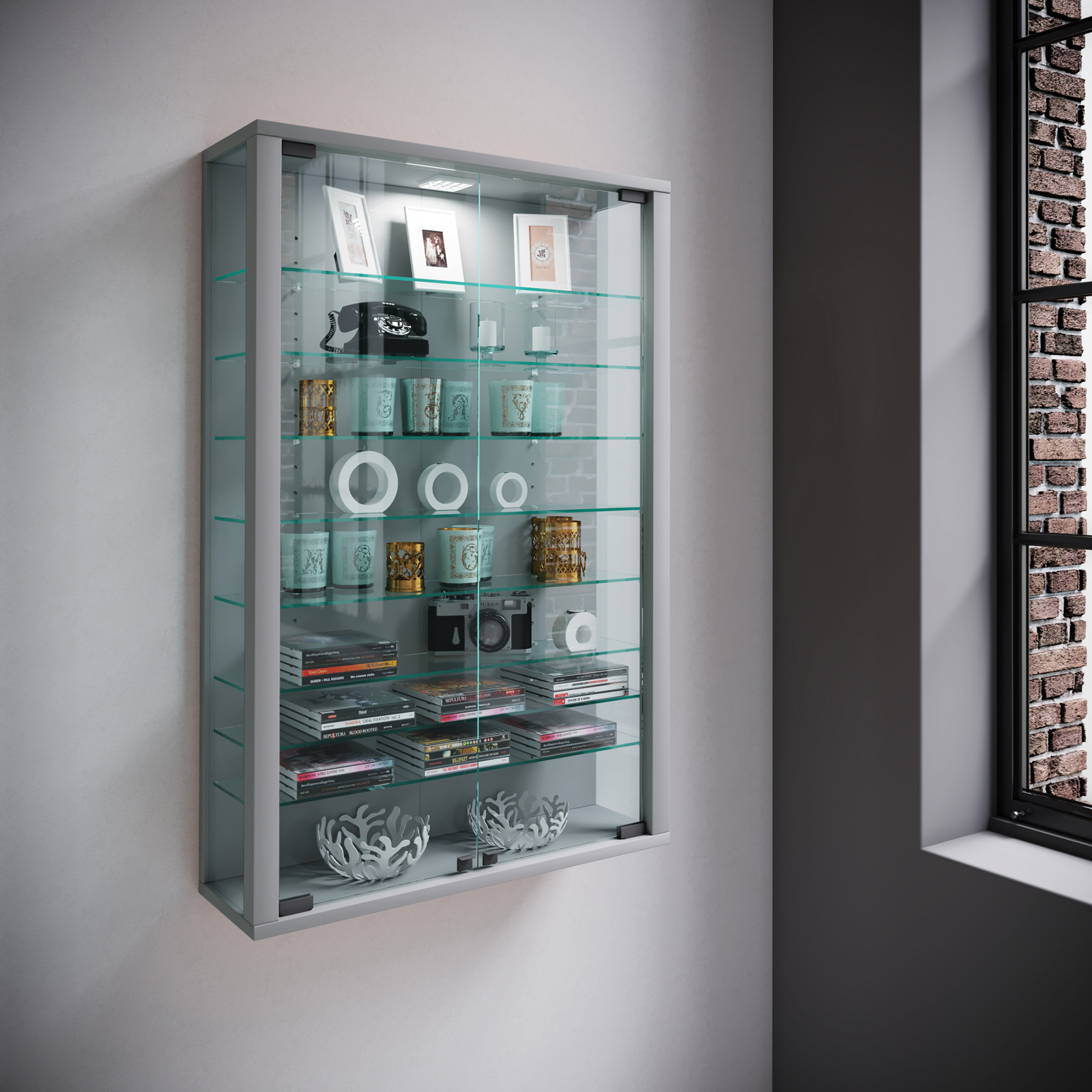 Hängevitrine VITROSA MINI - silber - mit LED-Beleuchtung