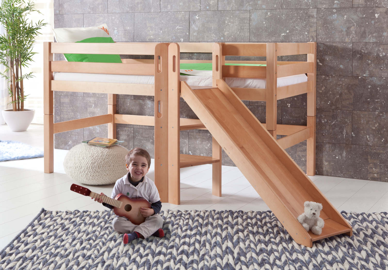 Halbhochbett ELIYAS - natur - Buche massiv - mit Rutsche - 90x200 cm