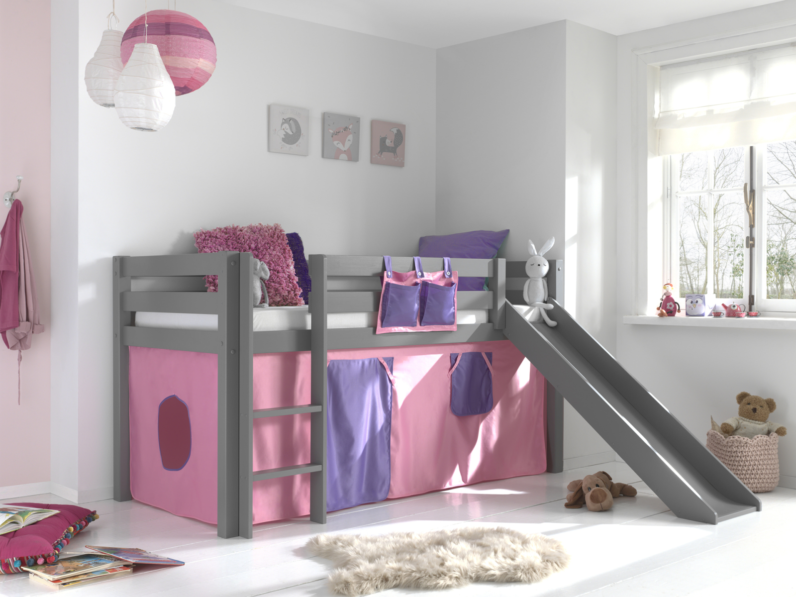 Halbhochbett PINO - Bella - grau - Kiefer massiv - mit Rutsche - 90x200 cm