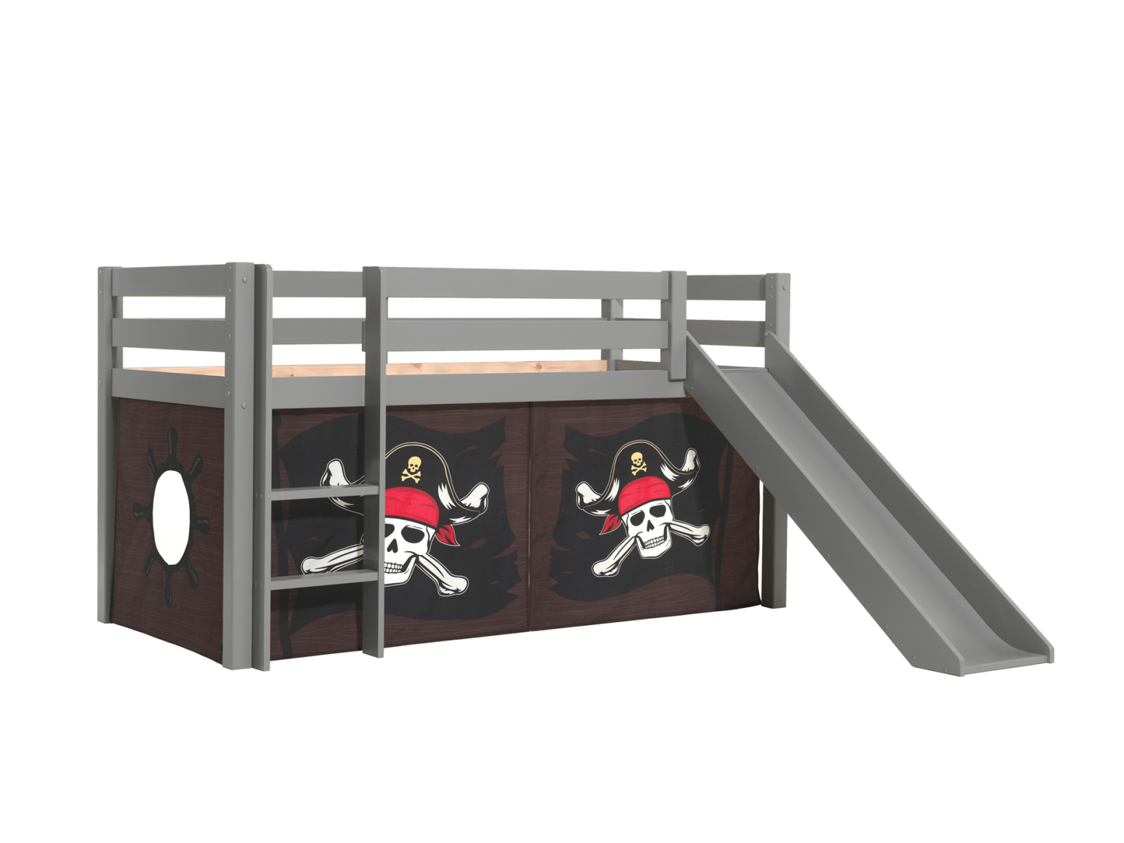 Halbhochbett PINO - Caribian Pirate - Kiefer grau Massivholz - mit Rutsche - 90x200 cm