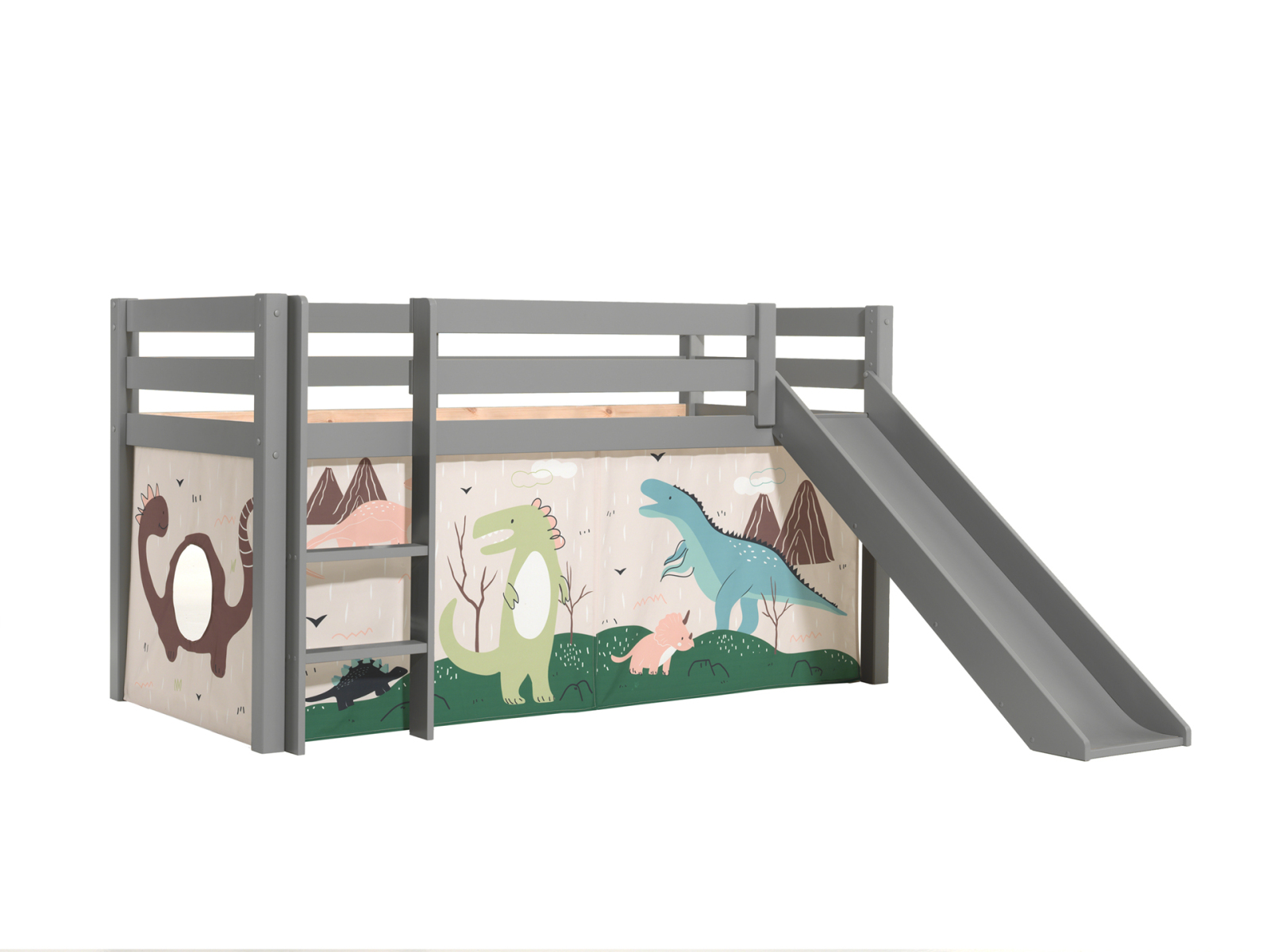 Halbhochbett PINO - DINOSAURIER - Kiefer grau Massivholz - mit Rutsche - 90x200 cm