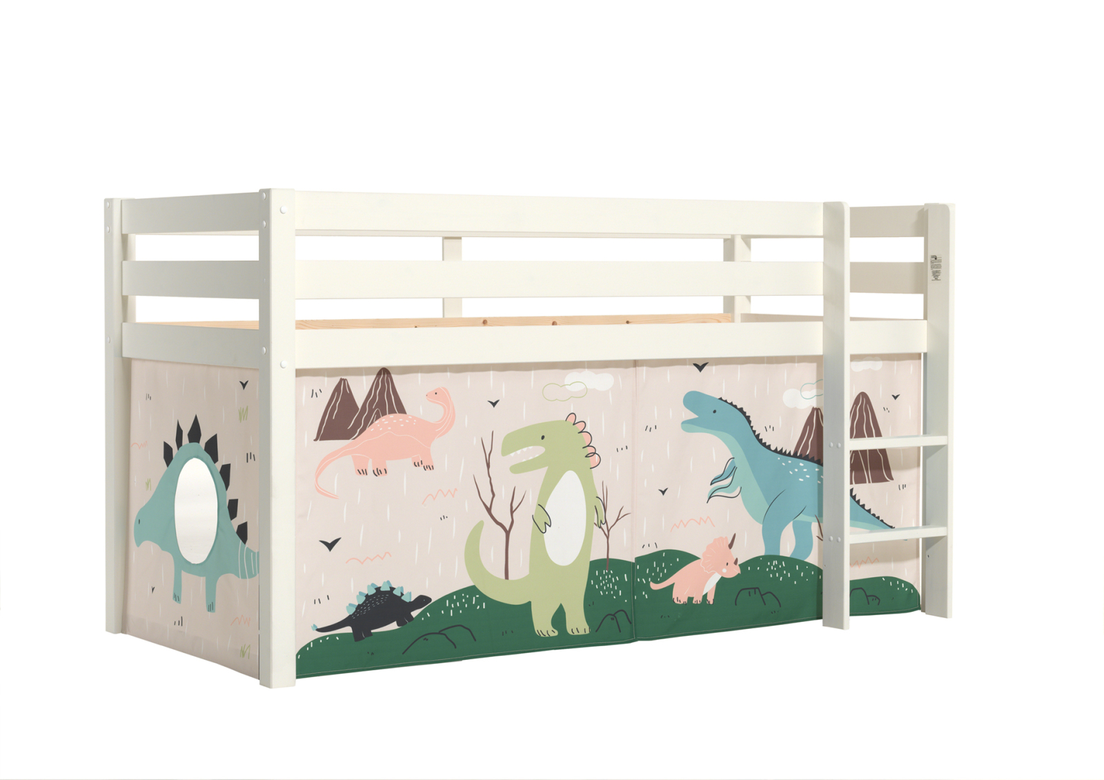 Halbhochbett PINO - DINOSAURIER - Kiefer weiß Massivholz - 90x200 cm