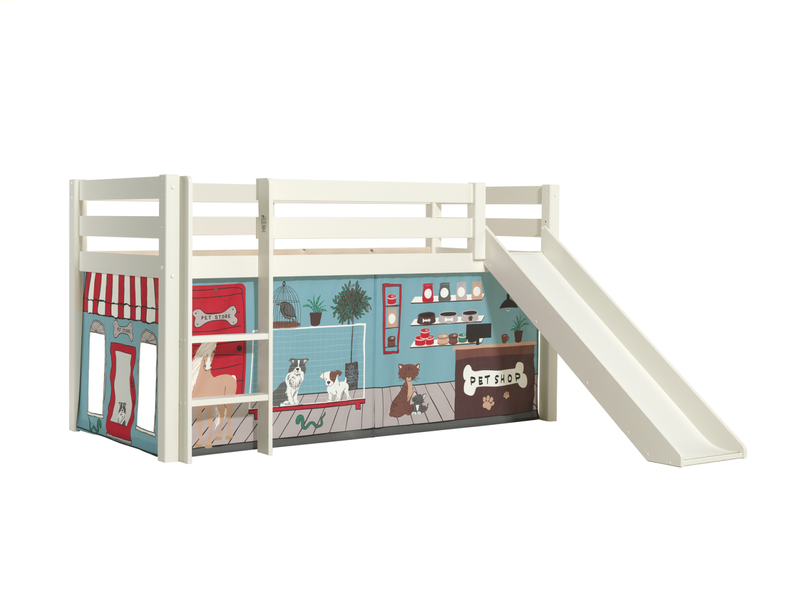 Halbhochbett PINO - PET SHOP - Kiefer weiß Massivholz - mit Rutsche - 90x200 cm