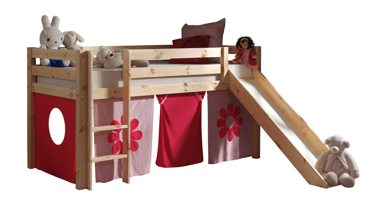 Halbhochbett PINO - Pink Flower - Kiefer Massivholz - mit Rutsche und Textilset - 90x200 cm
