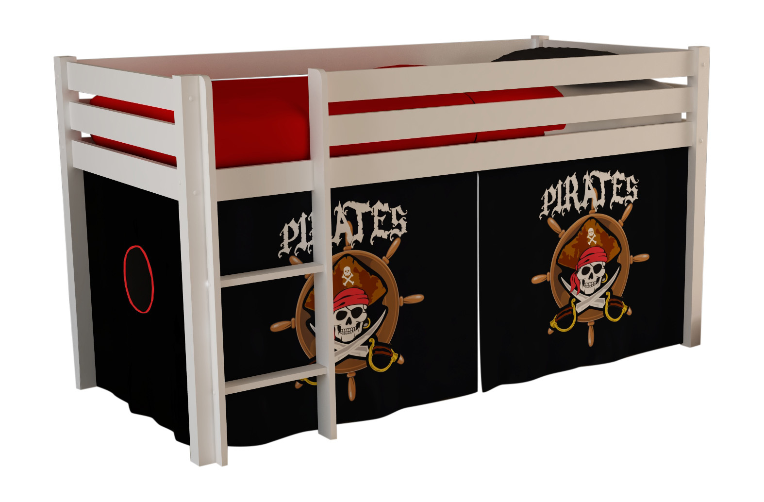 Halbhochbett PINO - Pirates - weiß Kiefer Massivholz - mit Leiter und Textilset - 90x200 cm