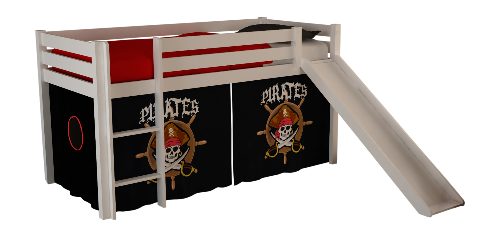 Halbhochbett PINO - Pirates - weiß Kiefer Massivholz - mit Rutsche und Textilset - 90x200 cm