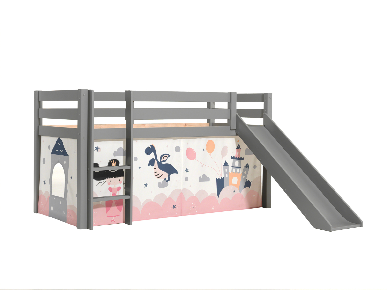 Halbhochbett PINO - Princess Sophie - Kiefer grau Massivholz - mit Rutsche - 90x200 cm
