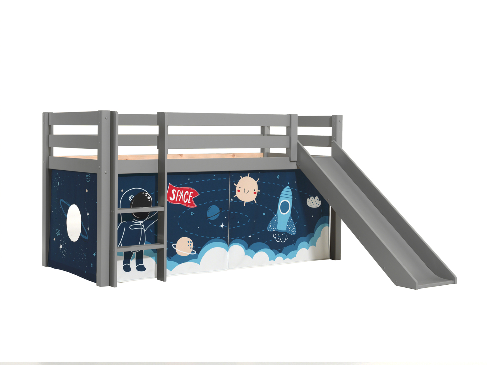 Halbhochbett PINO - SPACE SHUTTLE - Kiefer grau Massivholz - mit Rutsche - 90x200 cm