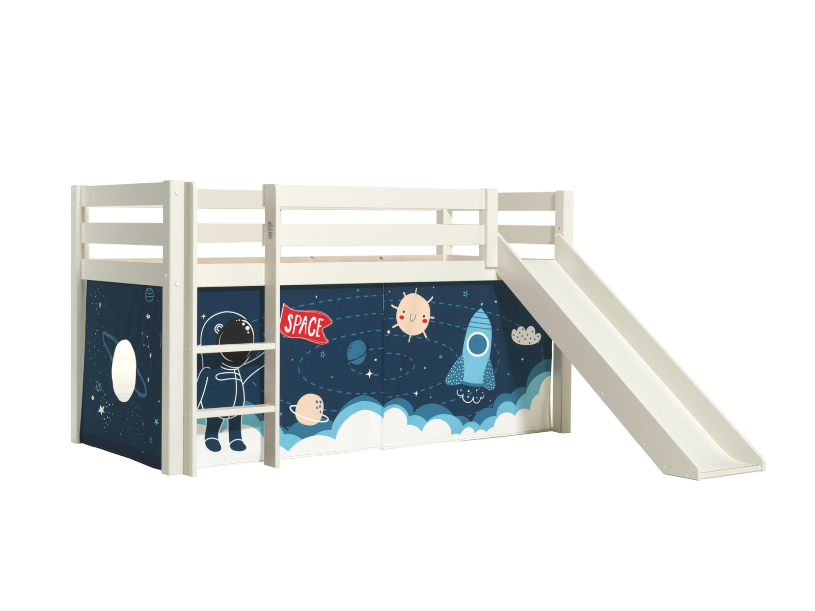 Halbhochbett PINO - SPACE SHUTTLE - Kiefer weiß Massivholz - mit Rutsche - 90x200 cm