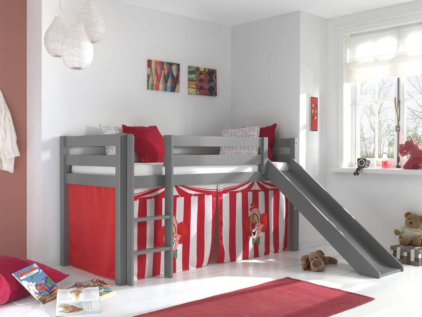 Halbhochbett PINO - Zirkus - grau - Kiefer massiv - mit Rutsche - 90x200 cm