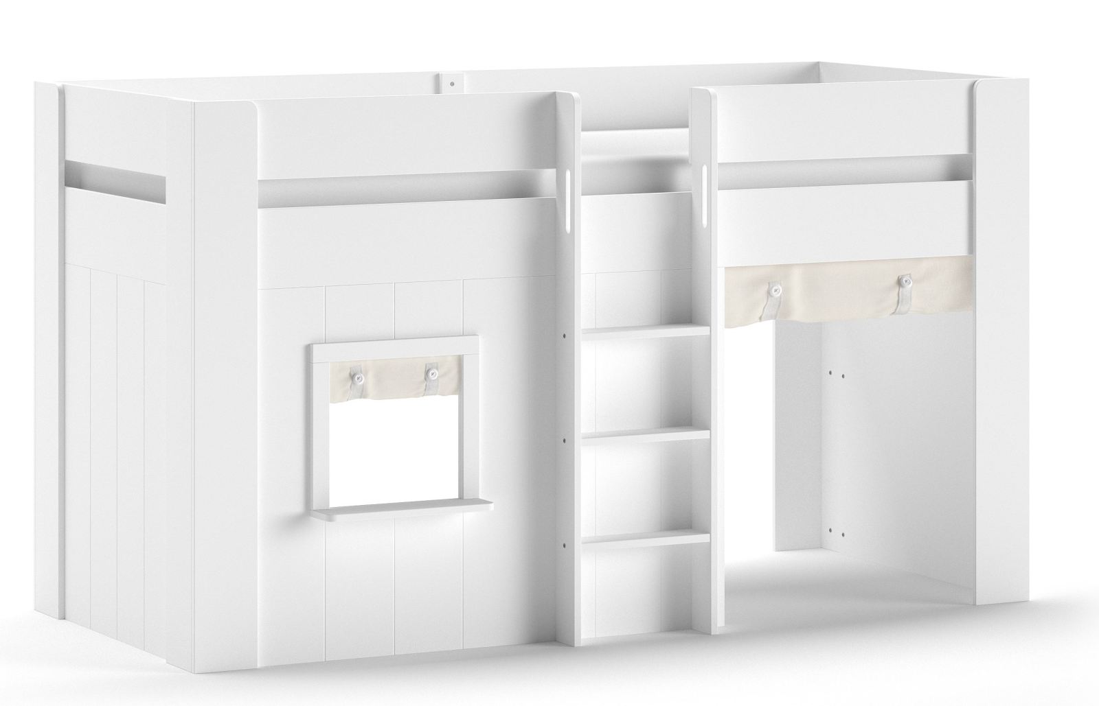 Halbhohes Spielbett RENO - weiß - mit Vorhang-Set - 90x200 cm