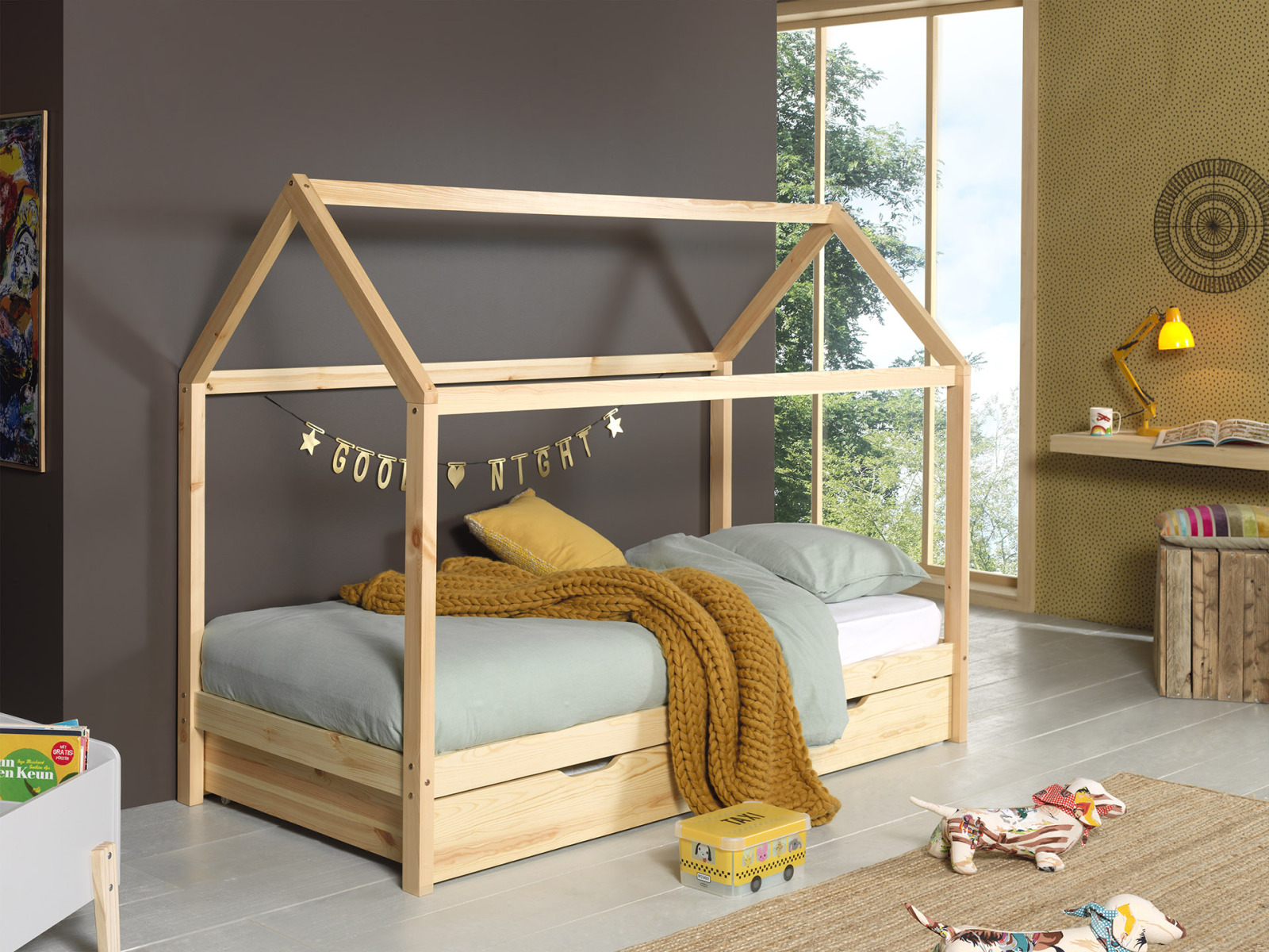 Hausbett DALLAS 2 - natur - Kiefer massiv - inklusive Bettschublade