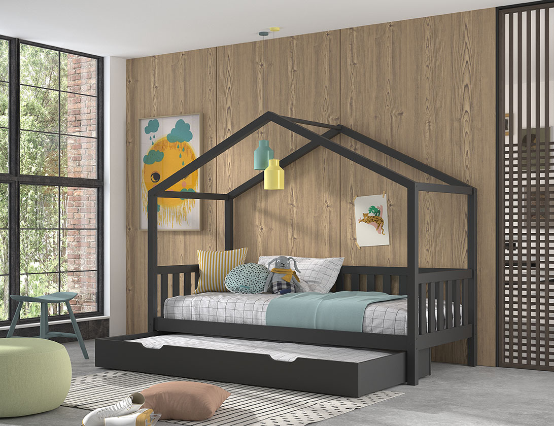 Hausbett DALLAS - anthrazit - Kiefer massiv - 90x200 cm - Bettschublade