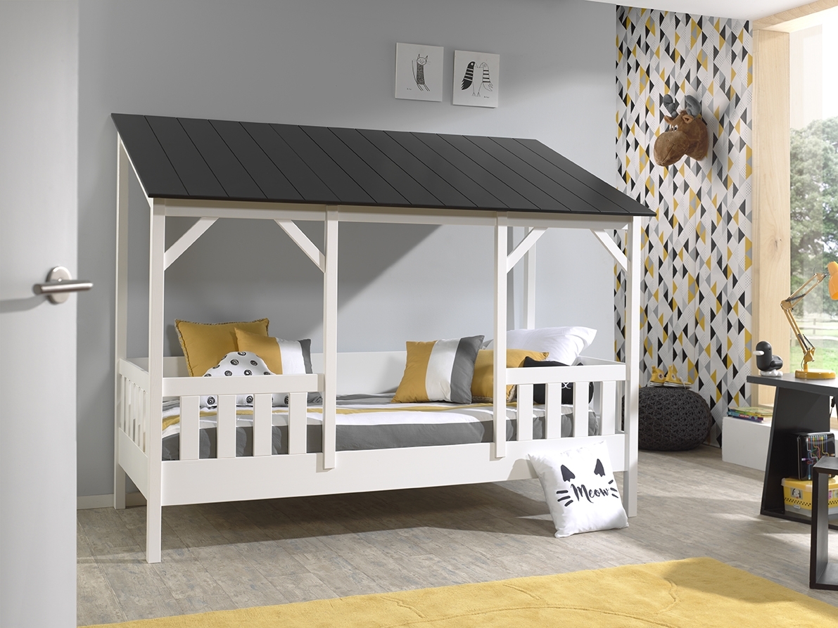 Hausbett-Set - schwarz-weiß - mit Rolllattenrost und Matratze - 90x200 cm