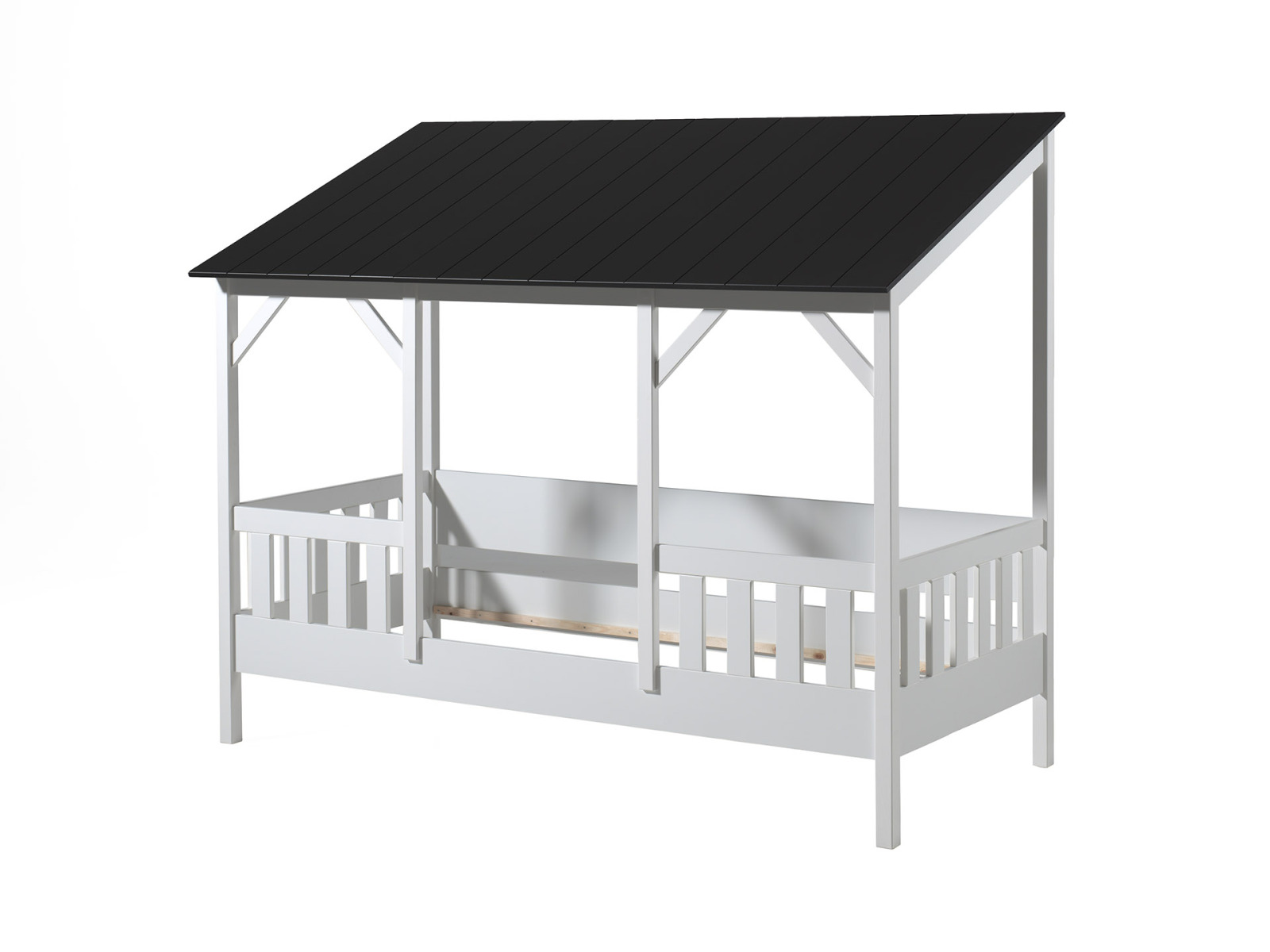 Hausbett - weiß-schwarz - teilmassiv - mit Dach - 90x200 cm
