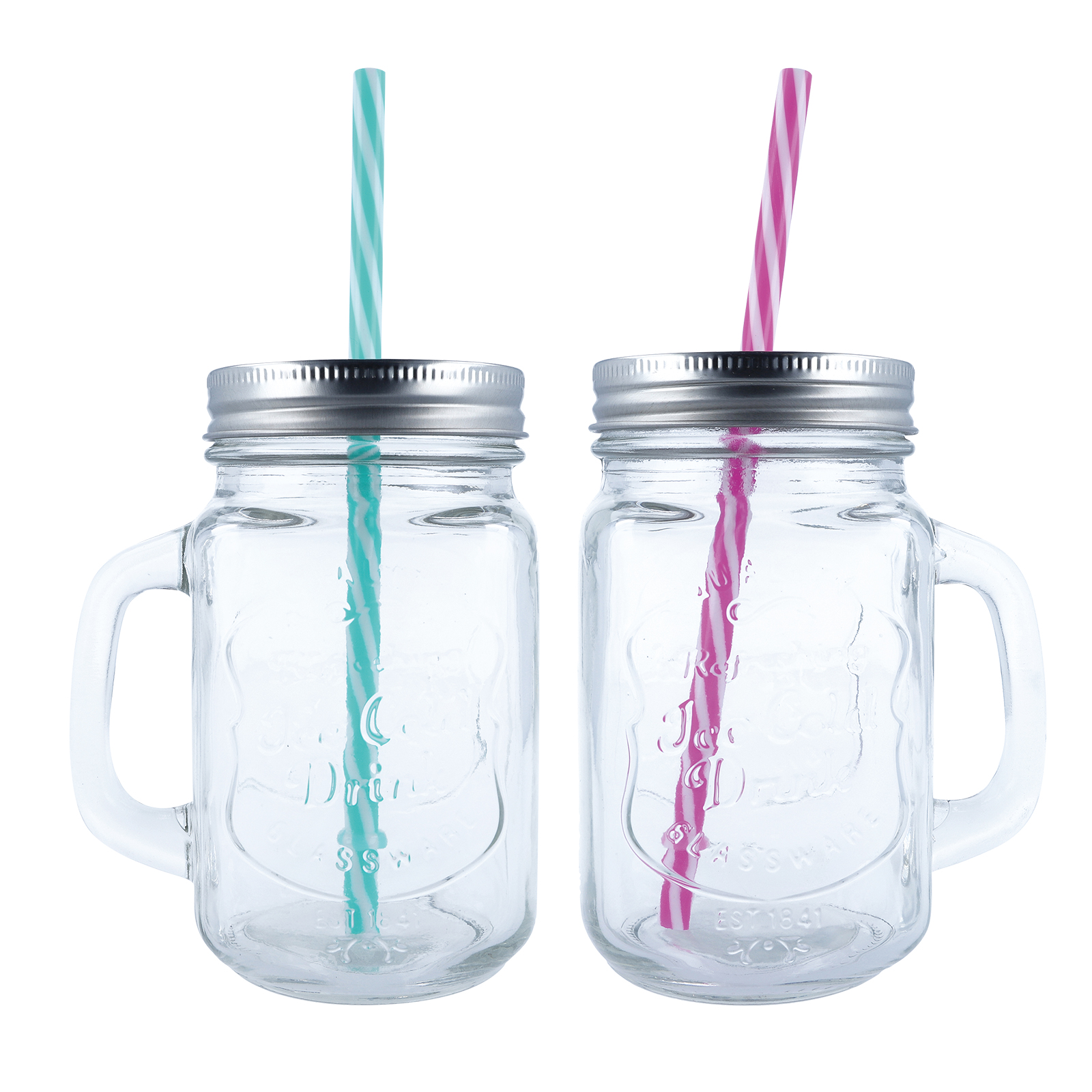 Henkelglas - mit Deckel und Trinkhalm - sortiert - 450 ml
