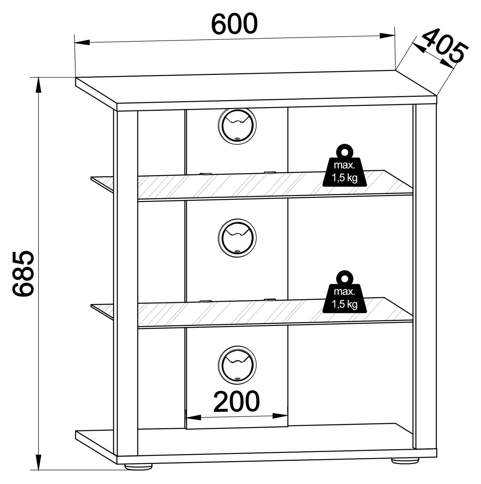 HiFi-Möbel FOLAS - schwarz - mit Rollen - 60 cm