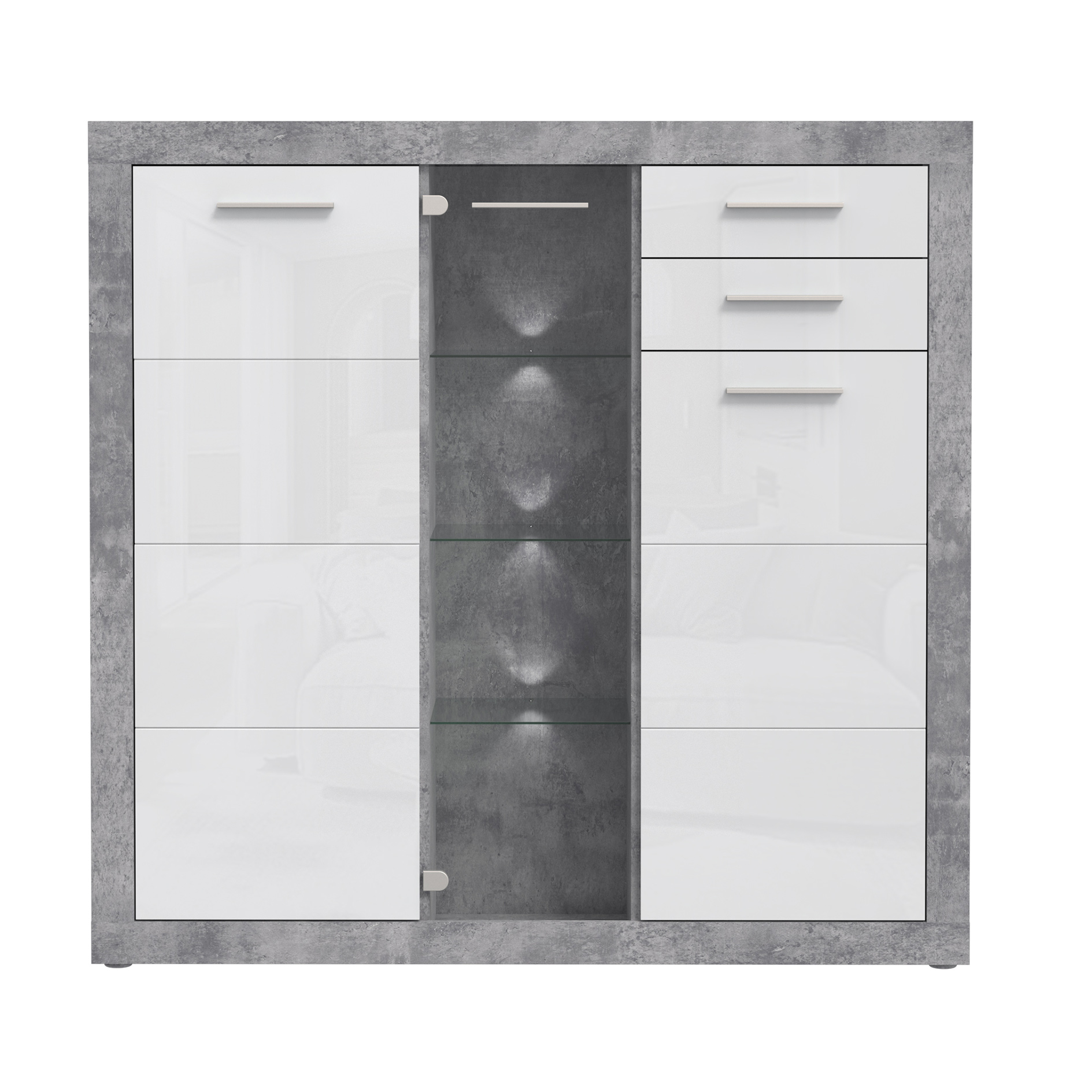 Highboard - Betonoptik - weiss Hochglanz - mit Beleuchtung