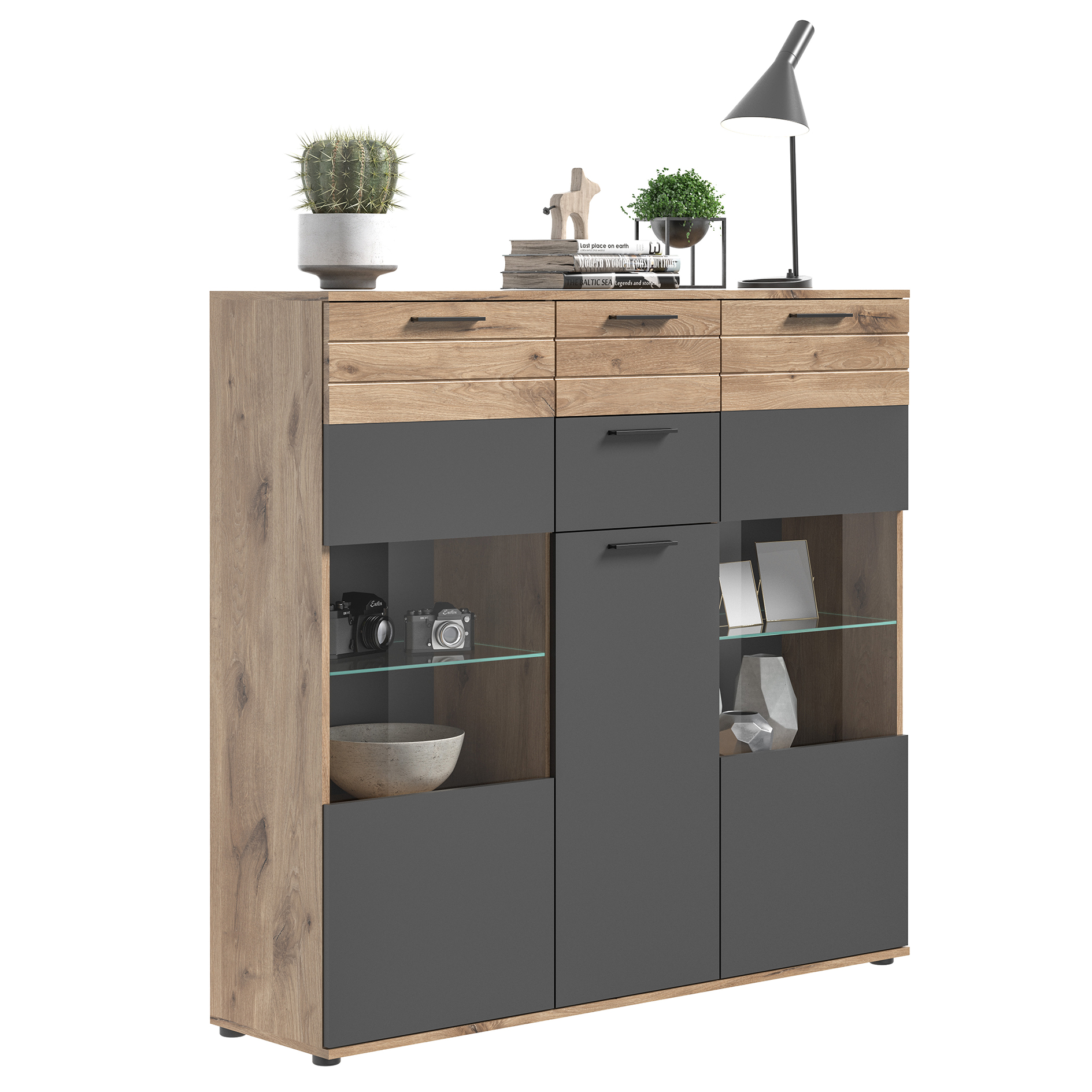 Highboard MASON - Nox Oak - Basalt grau - 140 cm
