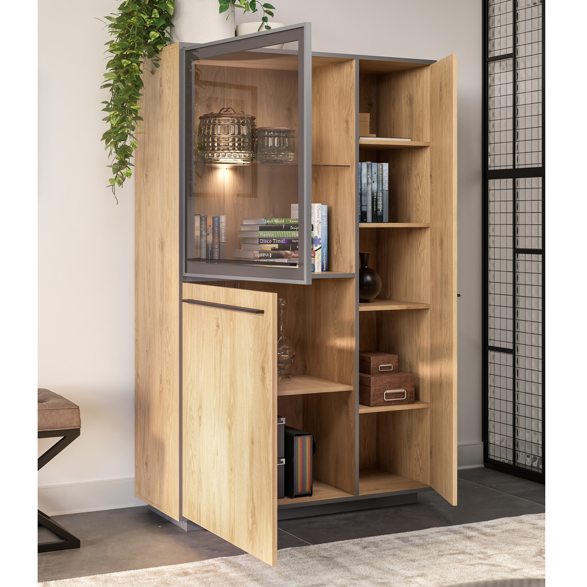 Highboard - Wildeiche - schwarz - LED-Beleuchtung - 161 cm hoch