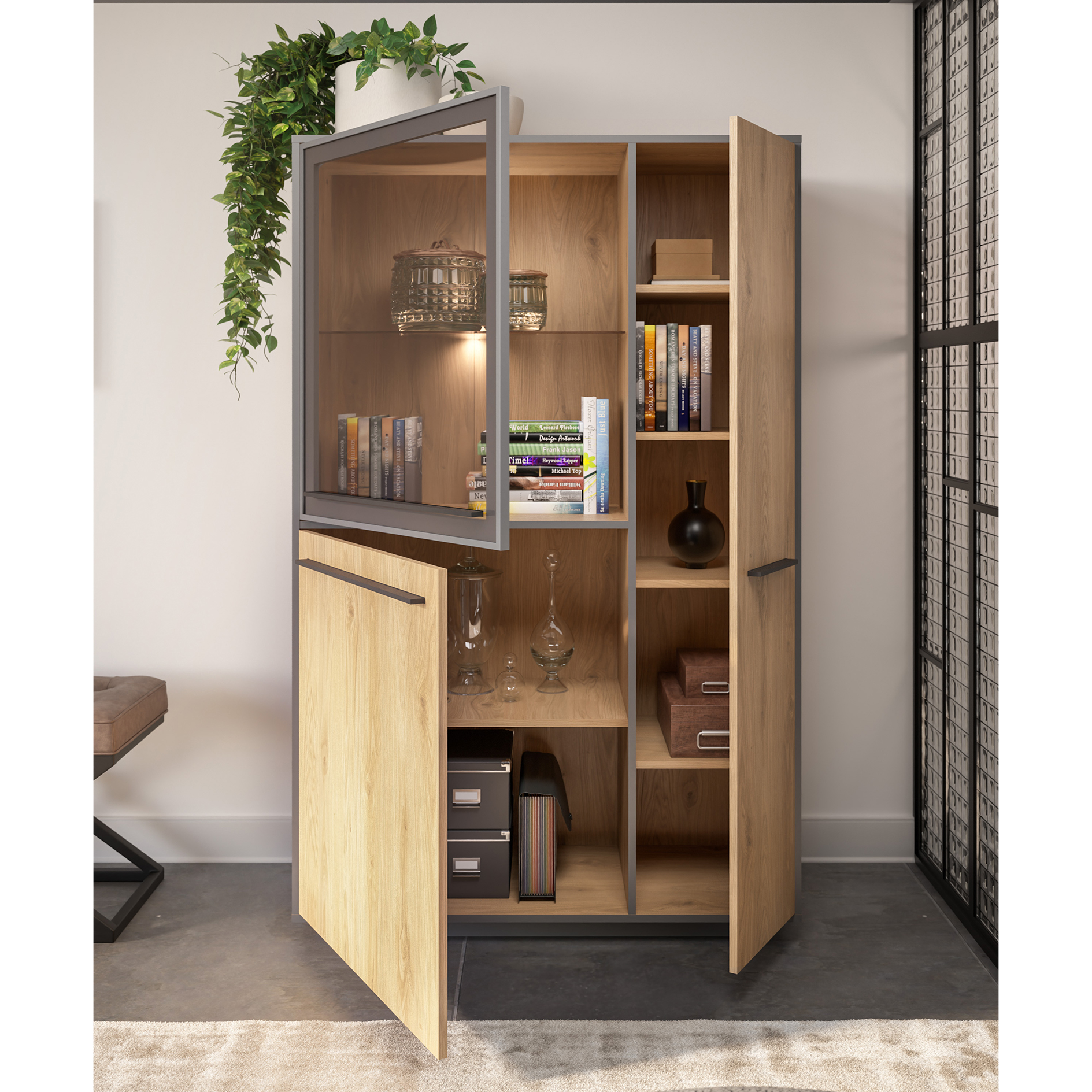 Highboard - Wildeiche - schwarz - LED-Beleuchtung - 161 cm hoch
