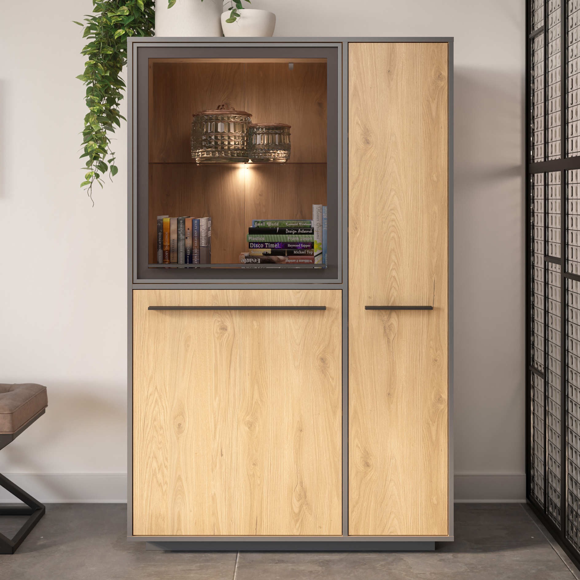 Highboard - Wildeiche - schwarz - LED-Beleuchtung - 161 cm hoch