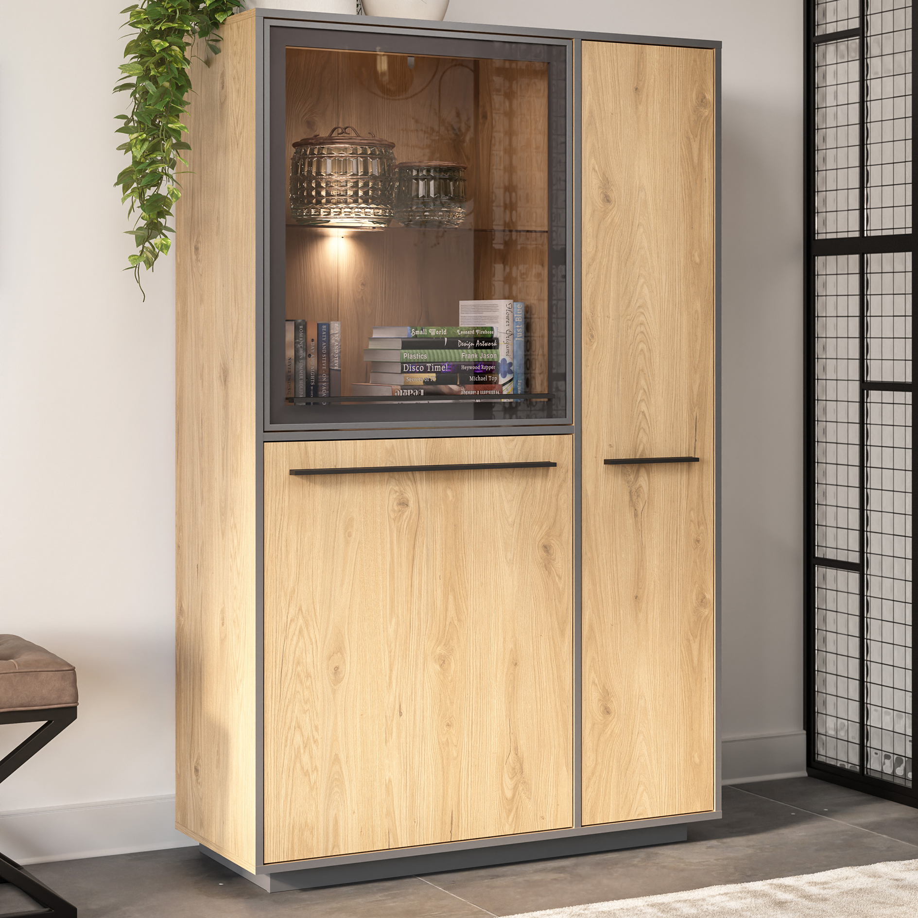 Highboard - Wildeiche - schwarz - LED-Beleuchtung - 161 cm hoch