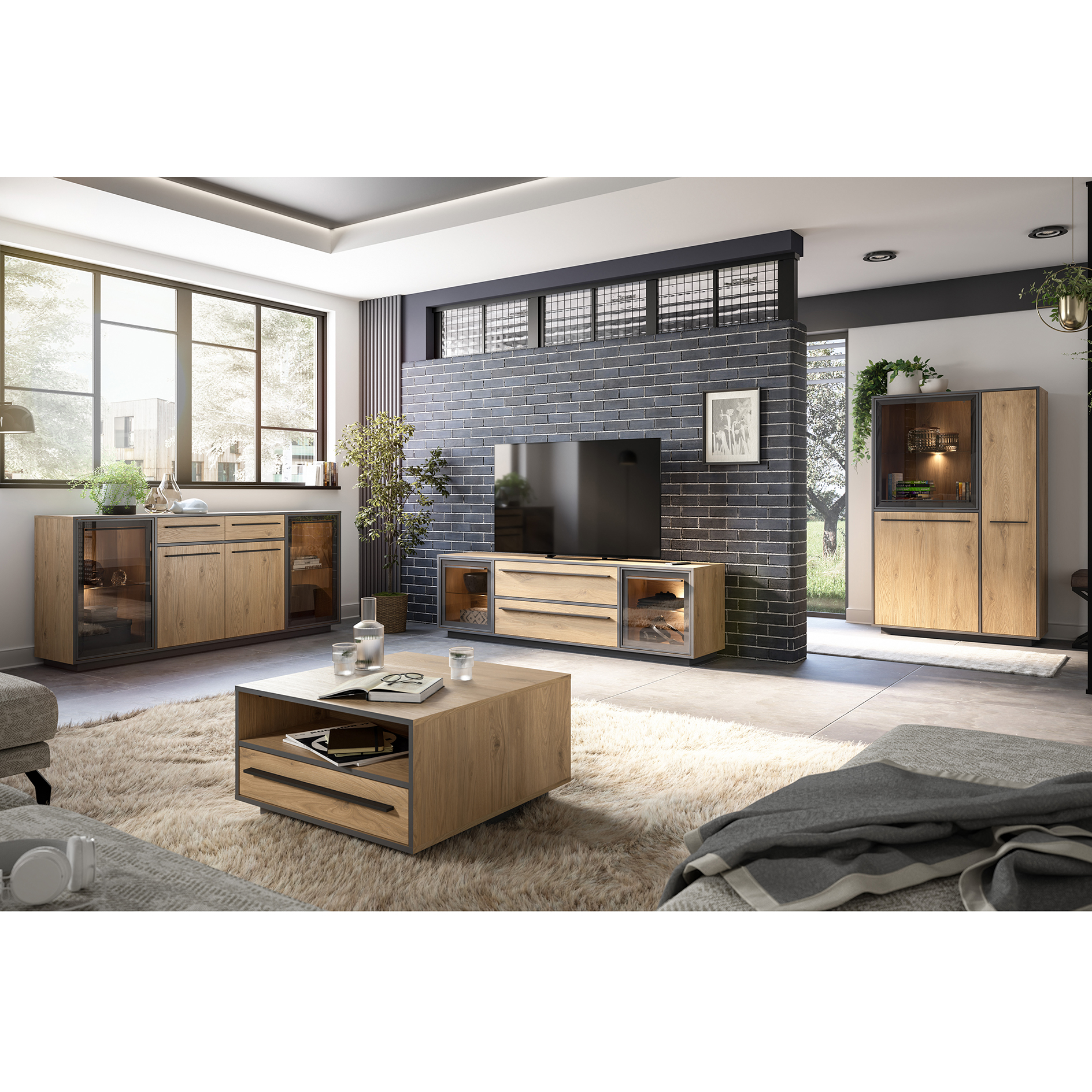Highboard - Wildeiche - schwarz - LED-Beleuchtung - 161 cm hoch