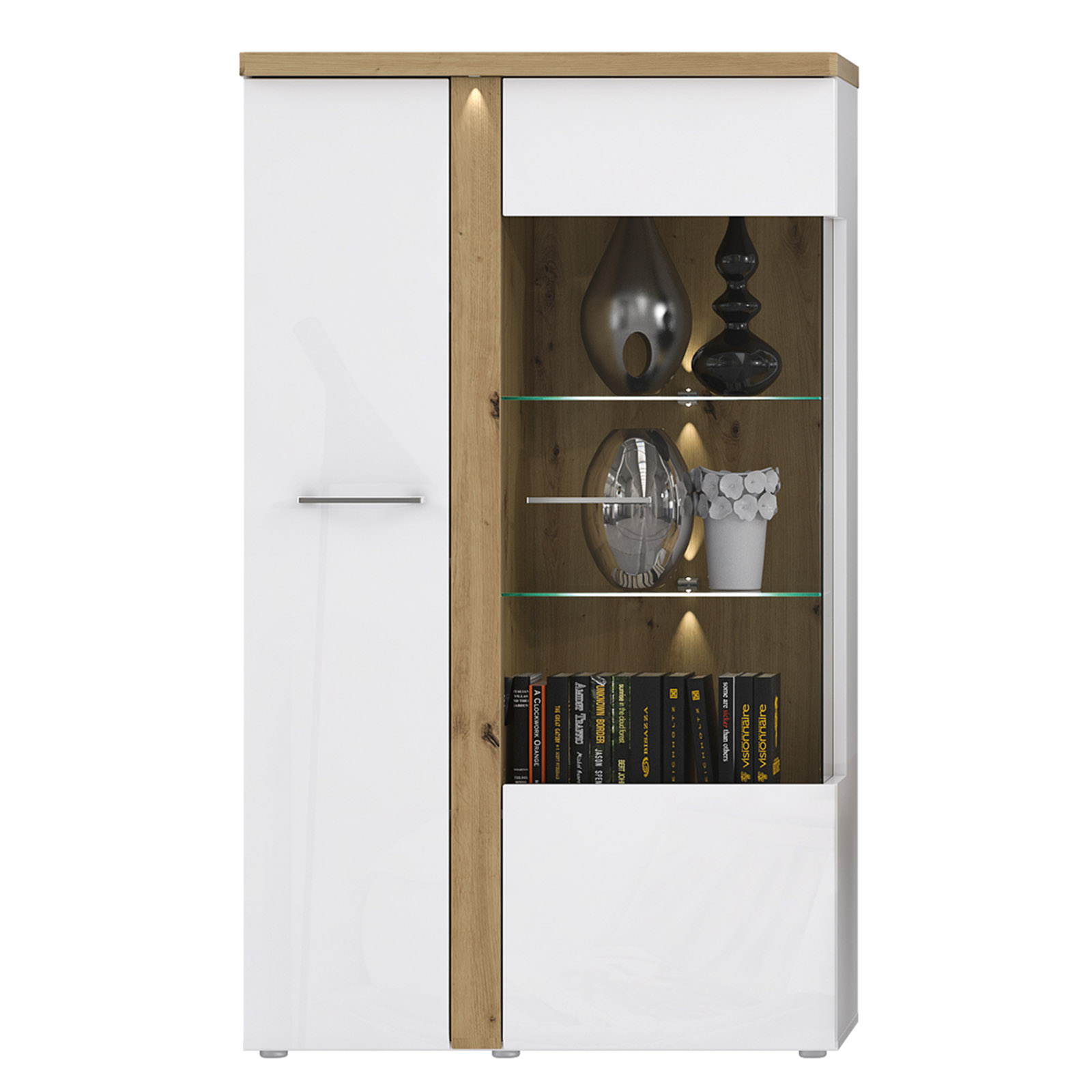 Highboardvitrine - weiß Hochglanz - Artisan Eiche - 164 cm hoch
