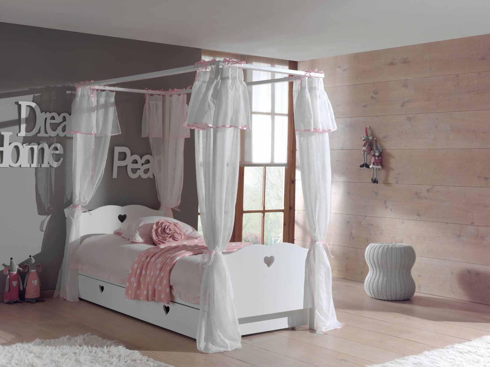 Himmelbett AMORI - weiß - mit Lattenrost, Schals & Bettschublade - 90x200 cm