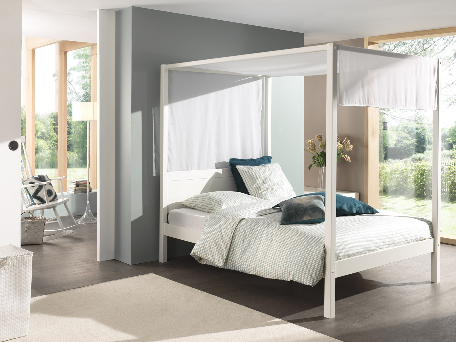 Himmelbett - weiß - mit Textil-Himmel - 140x200 cm
