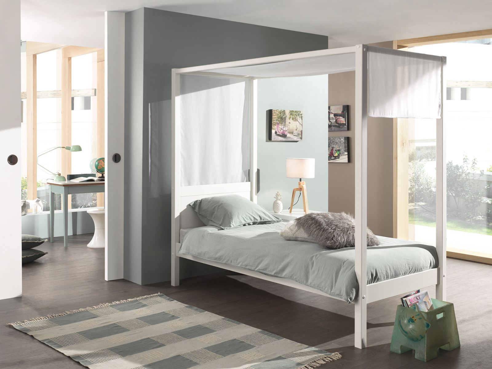 Himmelbett - weiß - mit Textil-Himmel - 90x200 cm