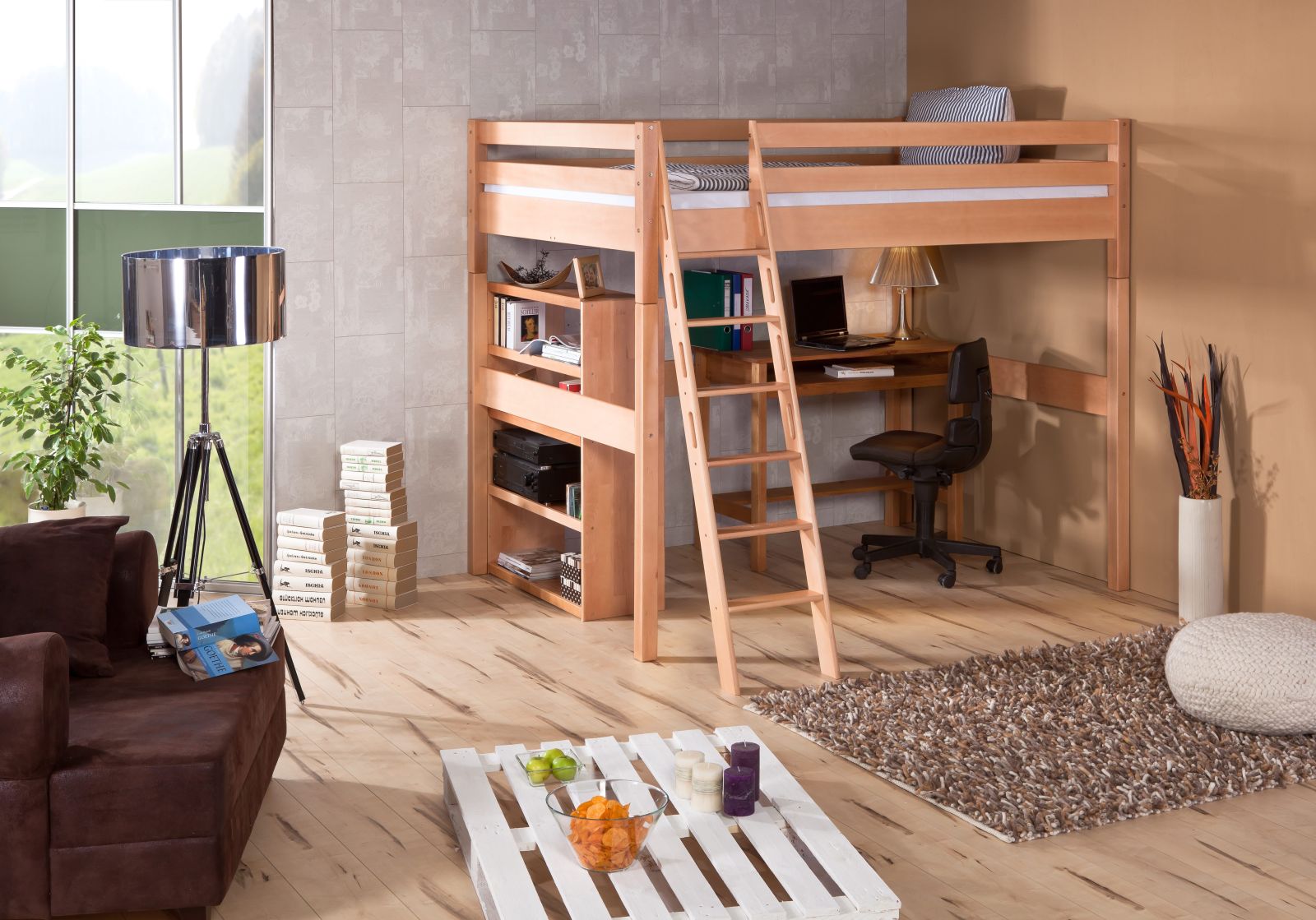 Hochbett CAMPUS - natur - Buche massiv - mit Leiter - 140x200 cm
