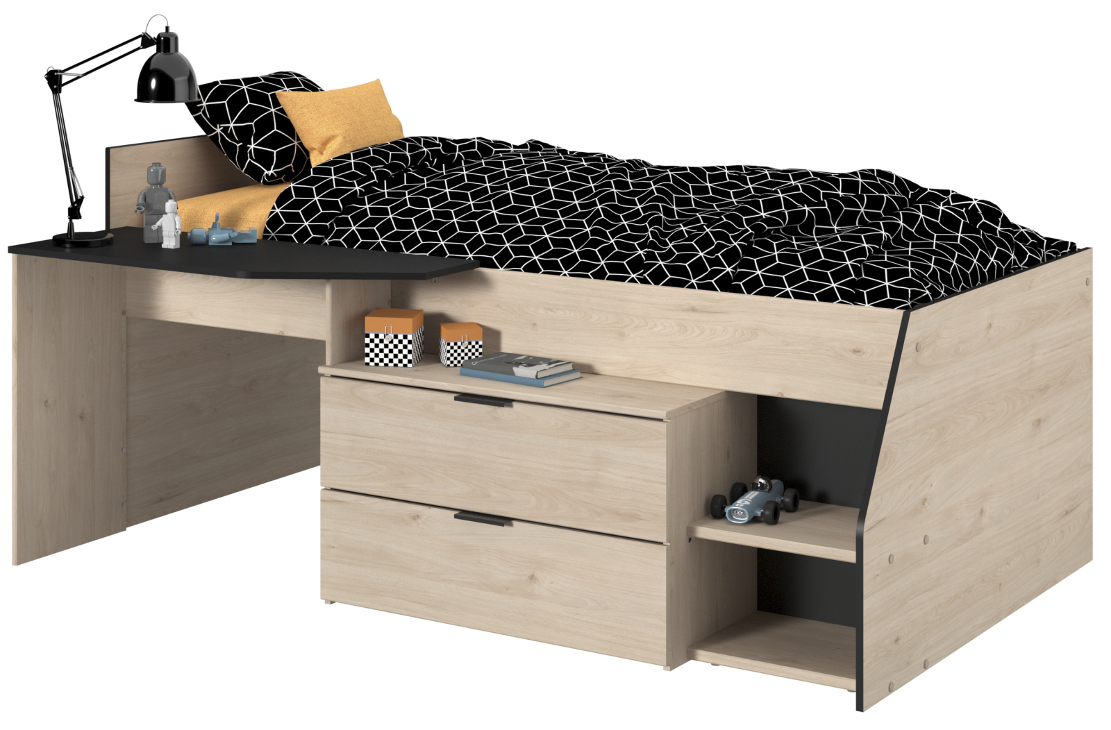 Hochbett MILKY 2 - Eiche Jackson - integrierte Kommode - 90x200 cm