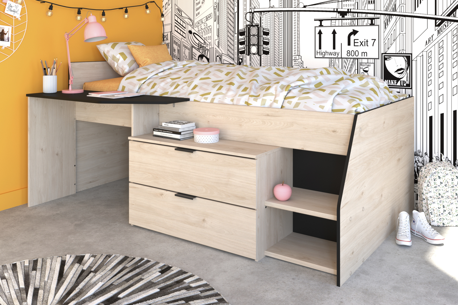 Hochbett MILKY 2 - Eiche Jackson - integrierte Kommode - 90x200 cm