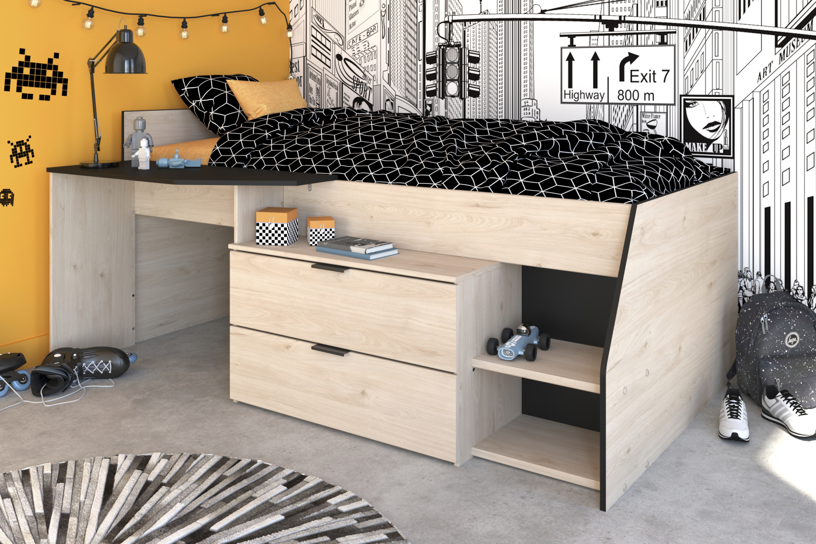 Hochbett MILKY 2 - Eiche Jackson - integrierte Kommode - 90x200 cm