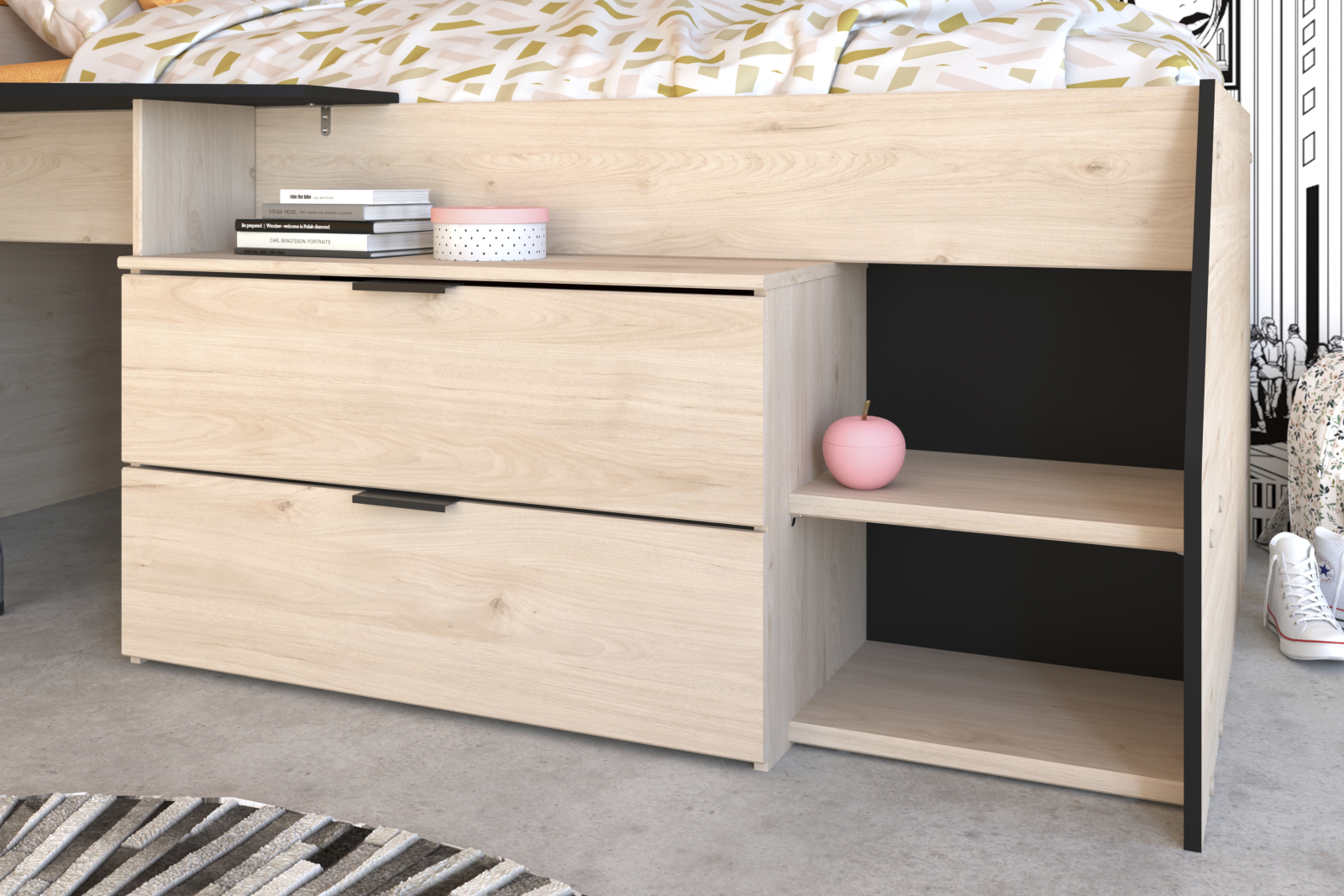 Hochbett MILKY 2 - Eiche Jackson - integrierte Kommode - 90x200 cm