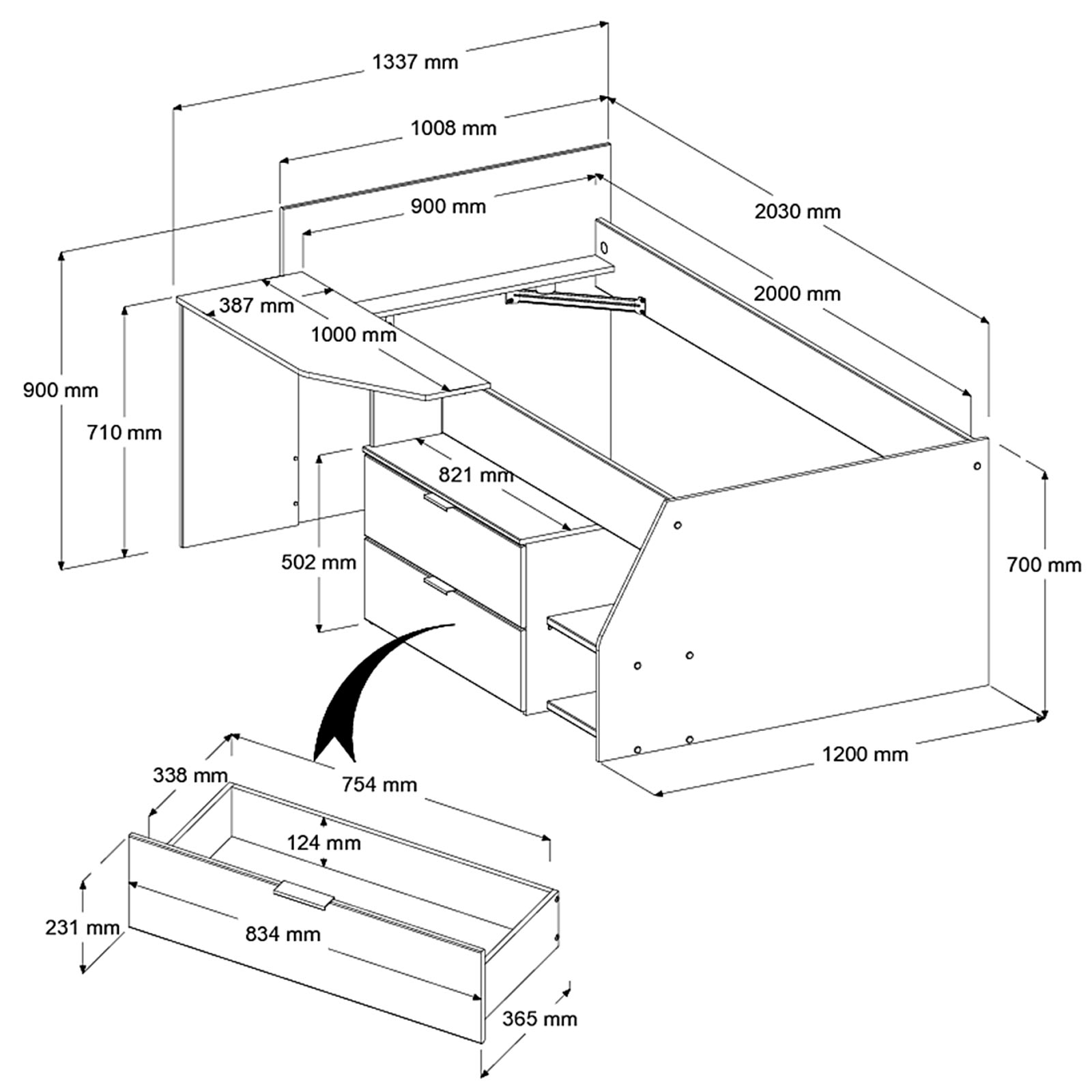 Hochbett MILKY 2 - Eiche Jackson - integrierte Kommode - 90x200 cm