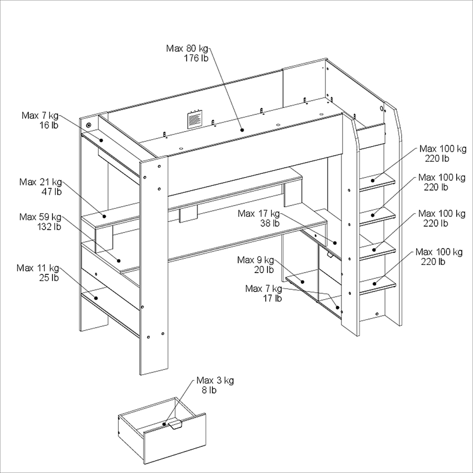 Hochbett ONLINE 1 - schwarz - mit Schreibtisch - 90x200 cm