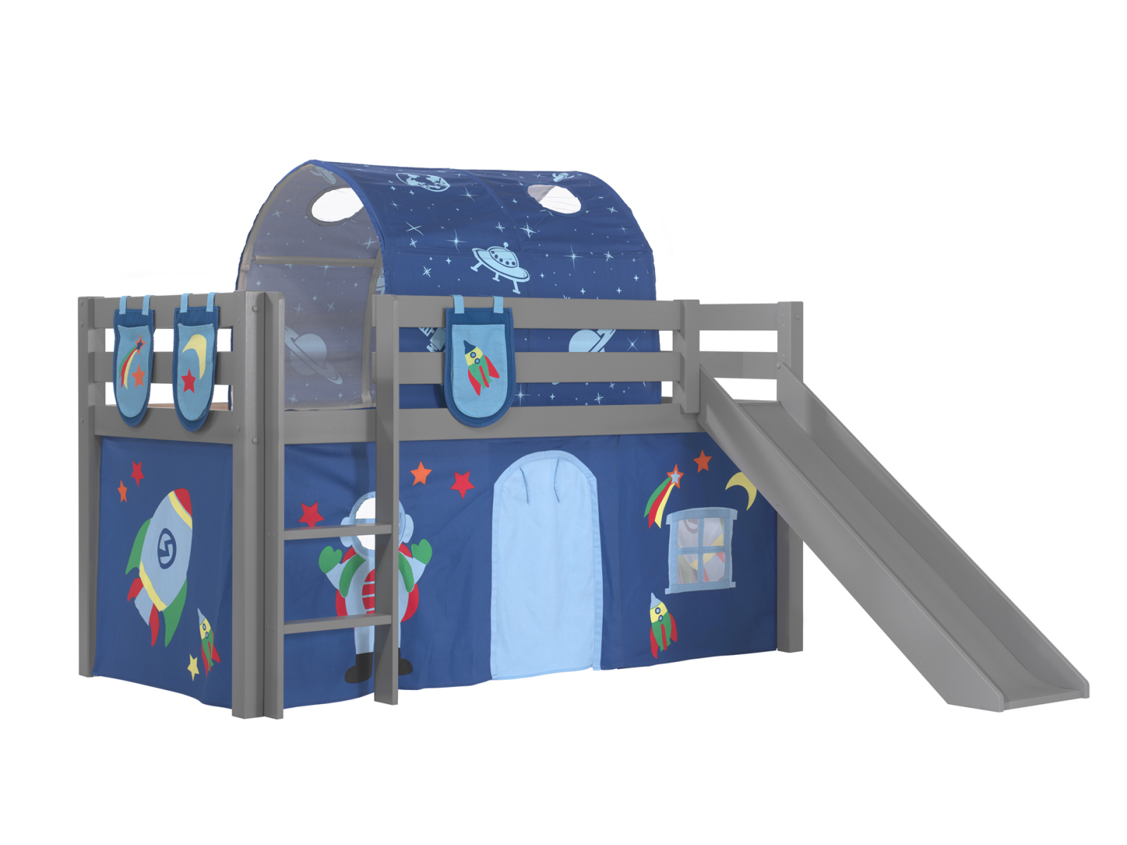 Hochbett PINO Astro - grau Kiefer Massivholz - Rutsche, Vorhang, Tunnel, Taschen - 90x200 cm